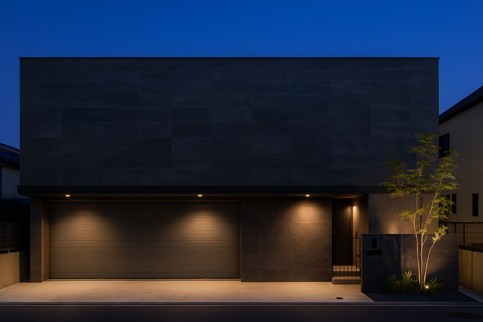 ダークグレーの石貼り外壁とガレージを備えた都市型邸宅の外観