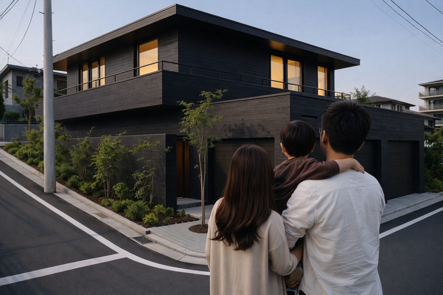 完成して住宅を眺める夫婦の画像